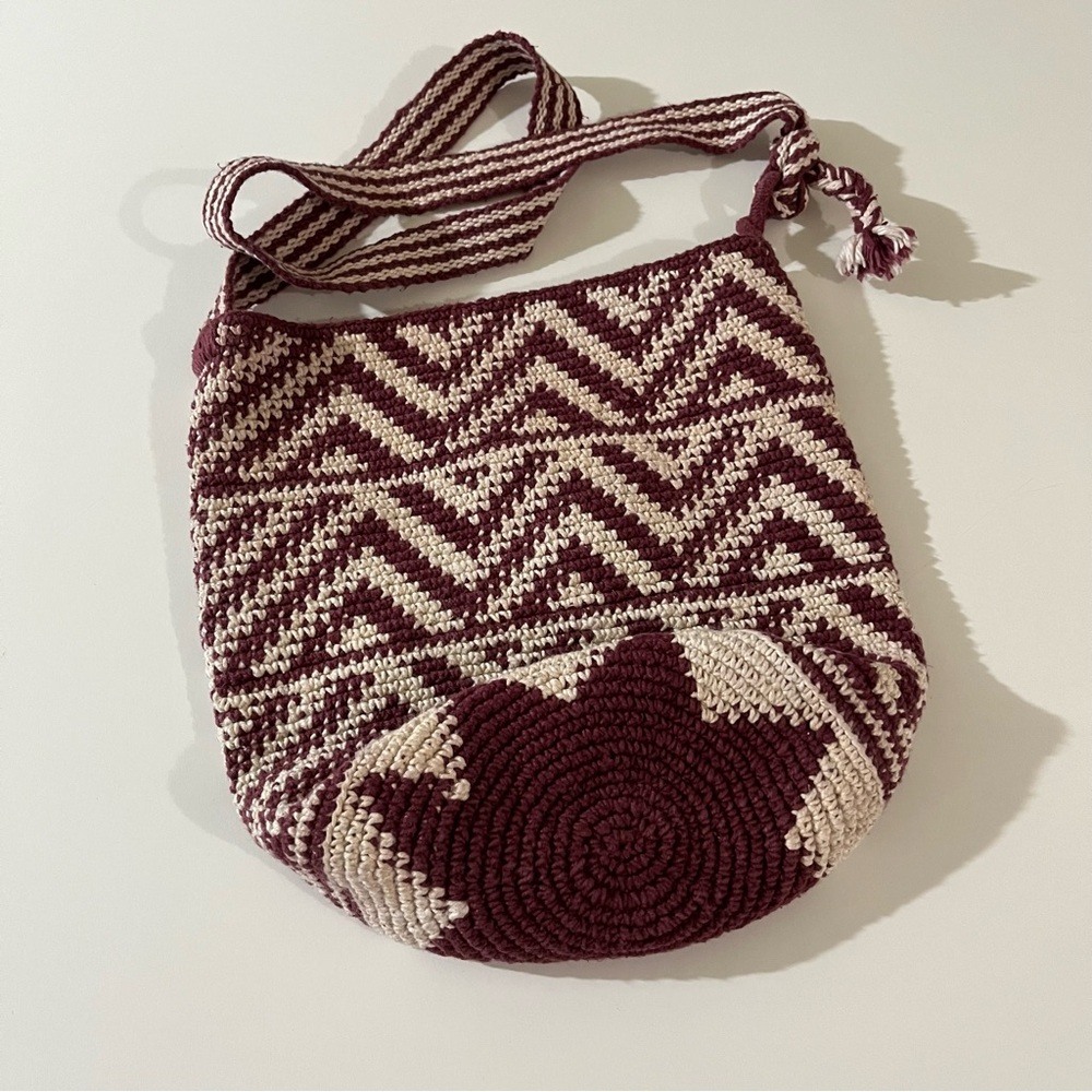 Handcrafted Burgundy and Cream Woven Bag boho bucket